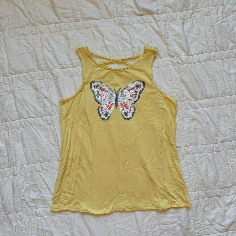 Rumi + Ryder girls size 12 14 Butter yellow sequin butterfly‎ racer back rayon